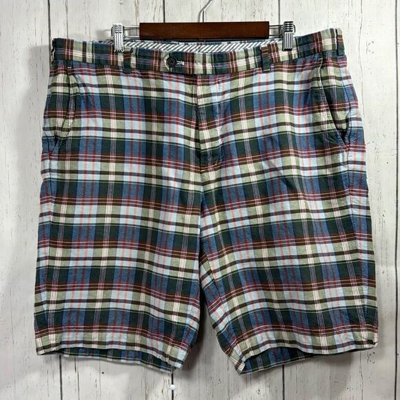 Brooks Brothers Mens Linen Blend Chino Flat Front Plaid Casual Pockets